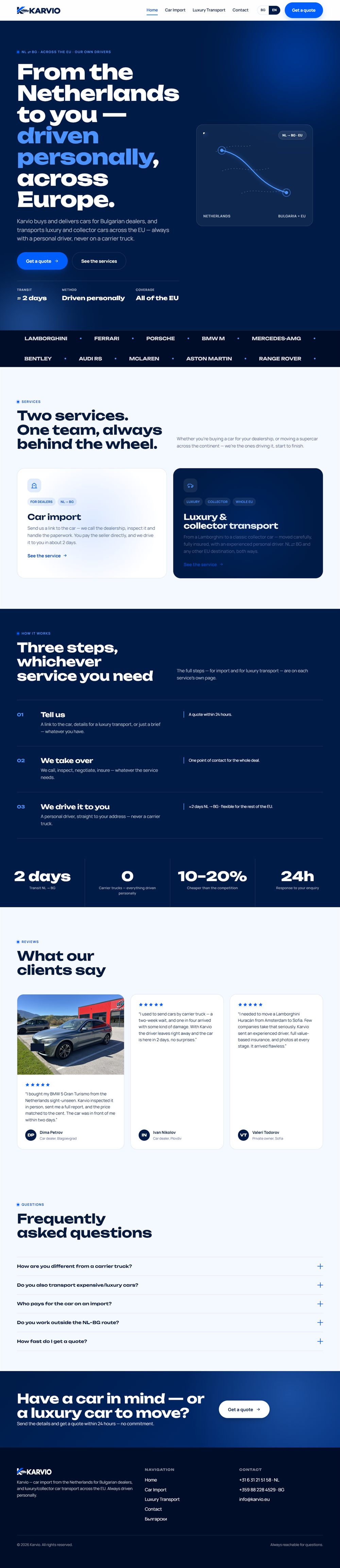 The full Karvio homepage: dark navy hero, services, a three-step process, reviews, FAQ and footer